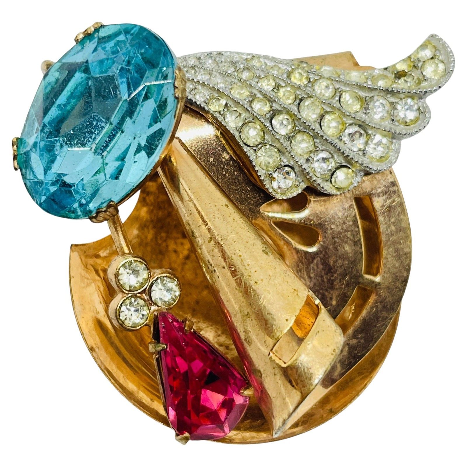 Vintage Gold Plated Pink Blue Glass Tones Unique Brooch Pin